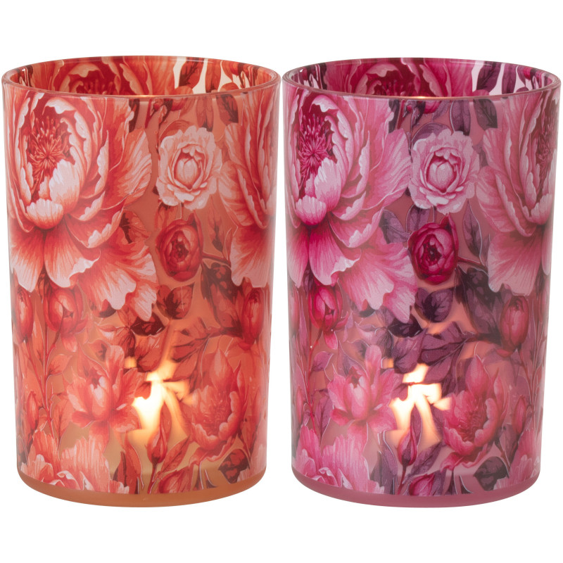 Lot de 2 Grands Photophores shabby chic Verre Orange Rose Motif fleurs Rosaria 