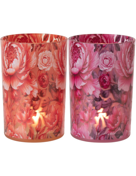 Lot de 2 Grands Photophores shabby chic Verre Orange Rose Motif fleurs Rosaria 