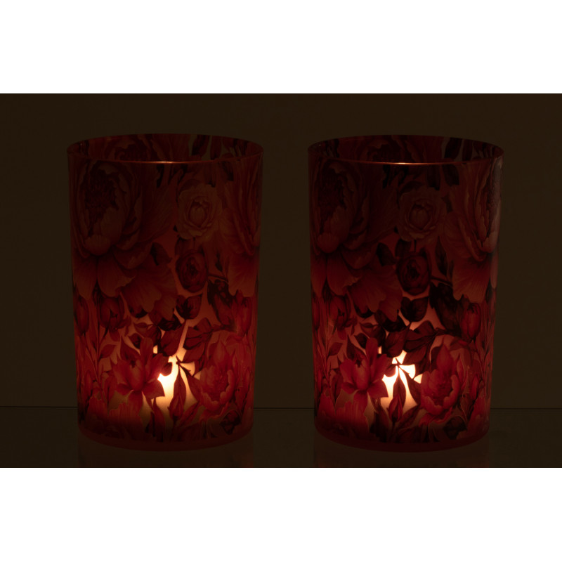 Lot de 2 Grands Photophores shabby chic Verre Orange Rose Motif fleurs Rosaria 