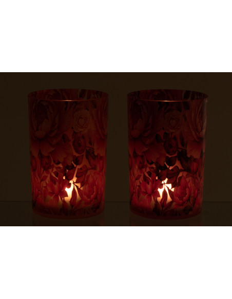 Lot de 2 Grands Photophores shabby chic Verre Orange Rose Motif fleurs Rosaria 