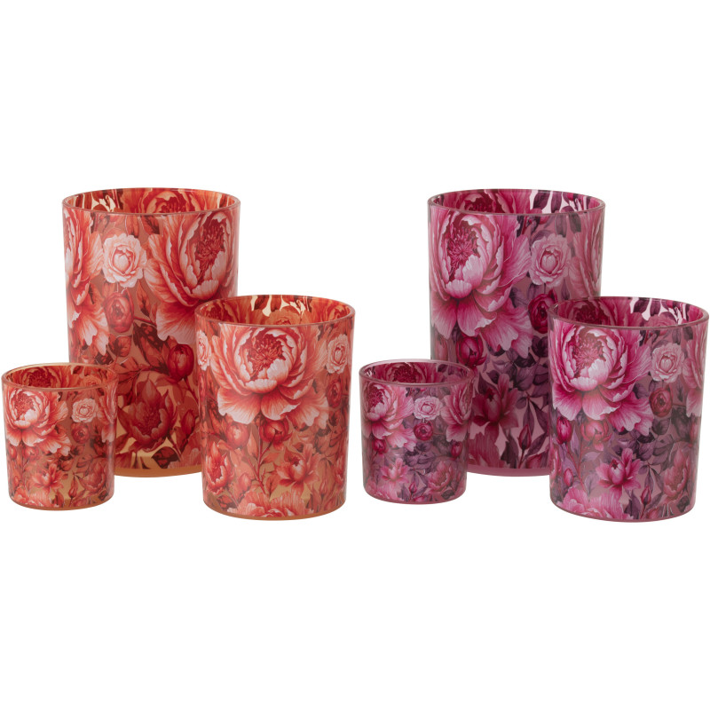 Lot de 2 Grands Photophores shabby chic Verre Orange Rose Motif fleurs Rosaria 