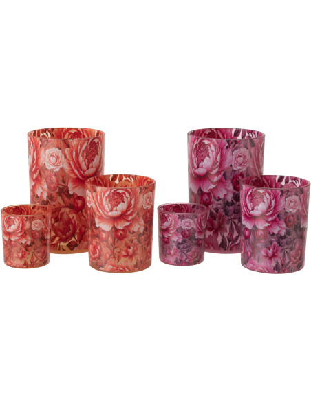 Lot de 2 Grands Photophores shabby chic Verre Orange Rose Motif fleurs Rosaria 