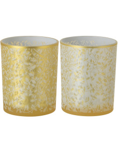 Lot de 2 Photophores style bohème Verre Blanc Ambré Motif feuilles Ambrélia 