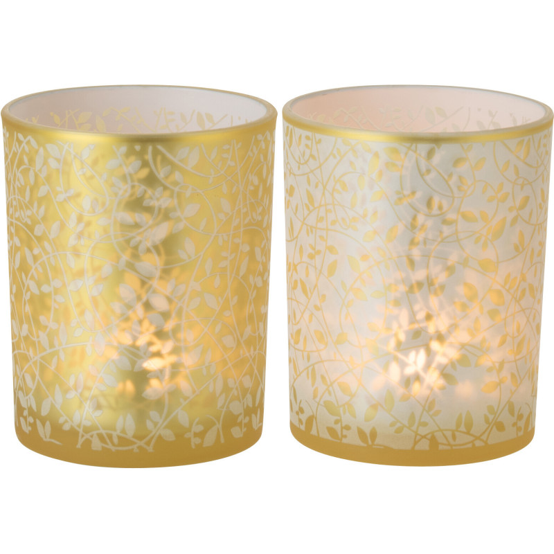 Lot de 2 Photophores style bohème Verre Blanc Ambré Motif feuilles Ambrélia 