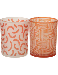 Lot de 2 Photophores art déco Verre Orange Blanc Motif graphique Oralya 