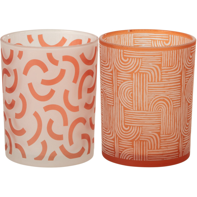 Lot de 2 Photophores art déco Verre Orange Blanc Motif graphique Oralya 
