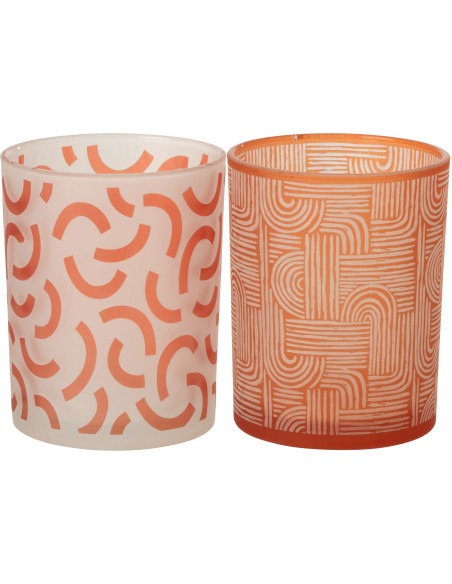 Lot de 2 Photophores art déco Verre Orange Blanc Motif graphique Oralya 