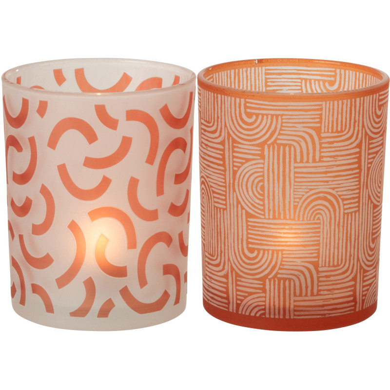 Lot de 2 Photophores art déco Verre Orange Blanc Motif graphique Oralya 