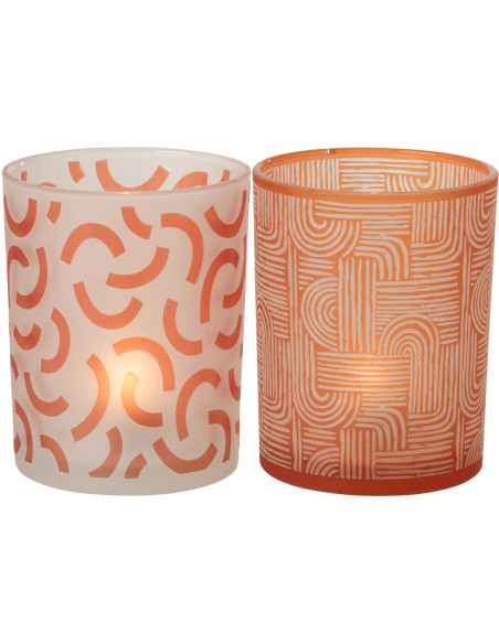 Lot de 2 Photophores art déco Verre Orange Blanc Motif graphique Oralya 