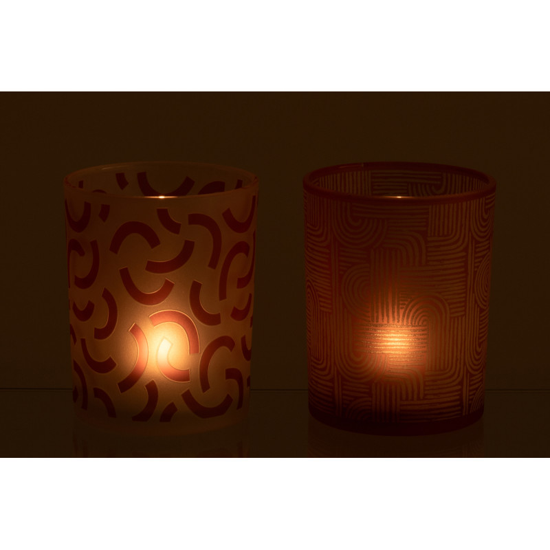 Lot de 2 Photophores art déco Verre Orange Blanc Motif graphique Oralya 