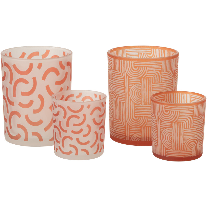 Lot de 2 Photophores art déco Verre Orange Blanc Motif graphique Oralya 