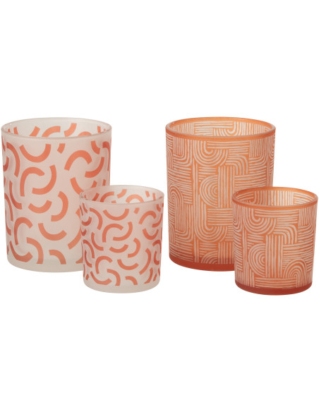 Lot de 2 Photophores art déco Verre Orange Blanc Motif graphique Oralya 
