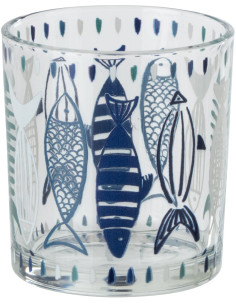 Photophore bord de mer Verre Blanc Bleu Motif poissons Néréis 