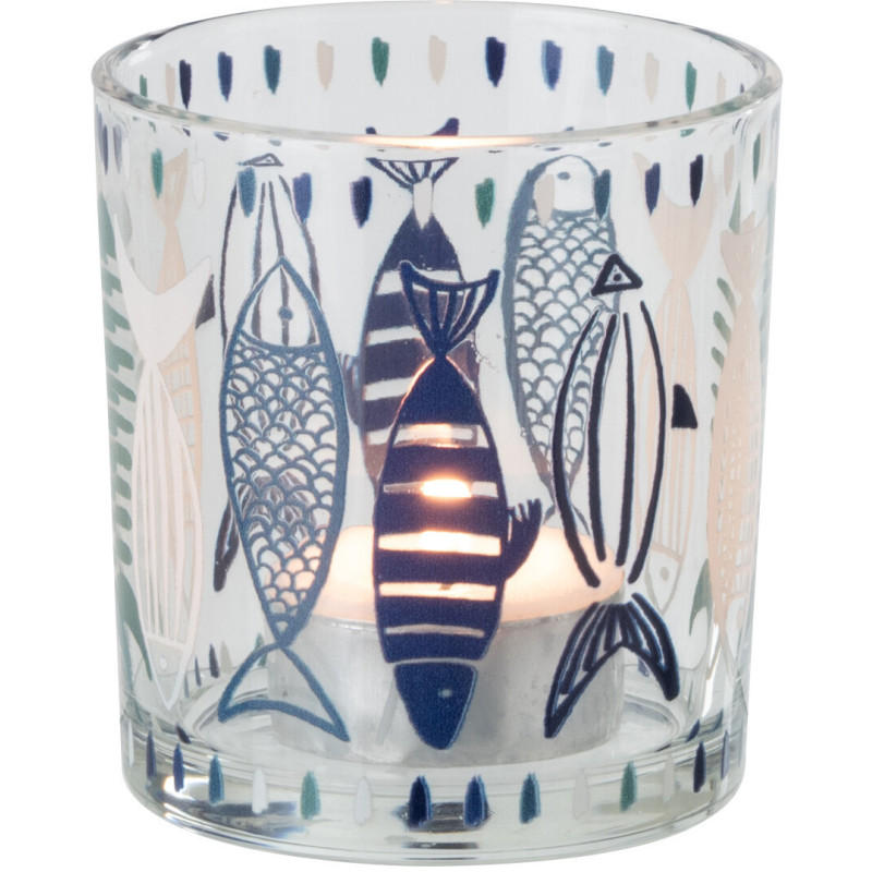 Photophore bord de mer Verre Blanc Bleu Motif poissons Néréis 