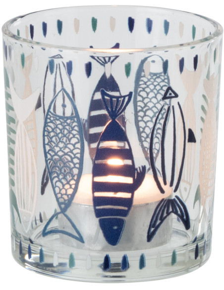 Photophore bord de mer Verre Blanc Bleu Motif poissons Néréis 