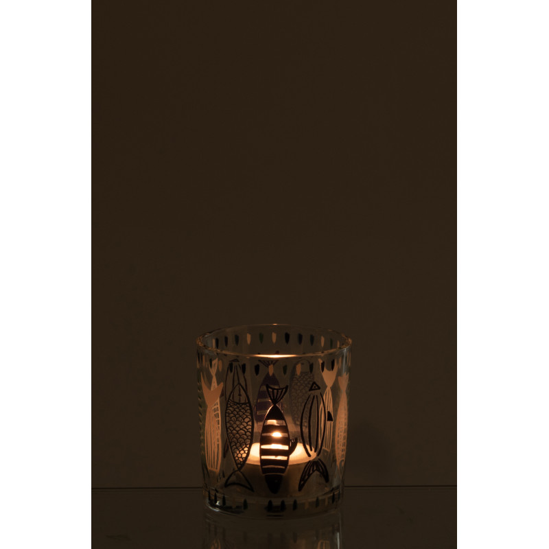 Photophore bord de mer Verre Blanc Bleu Motif poissons Néréis 