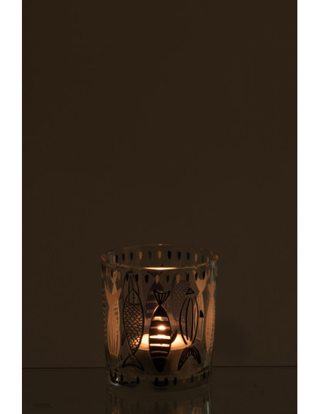 Photophore bord de mer Verre Blanc Bleu Motif poissons Néréis 