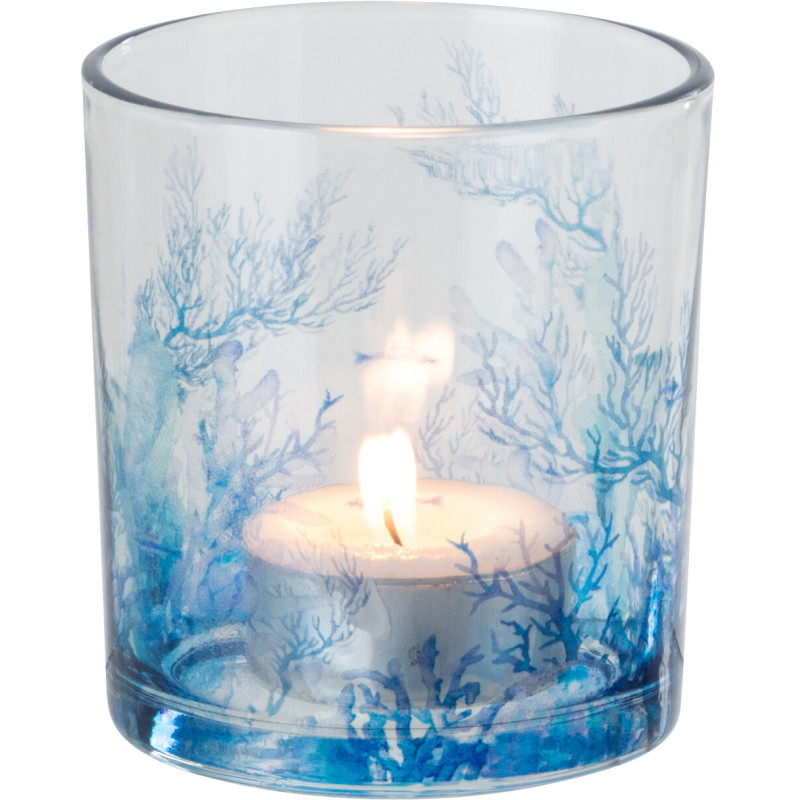 Photophore bord de mer Verre Transparent Bleu Motif corail Coraly 