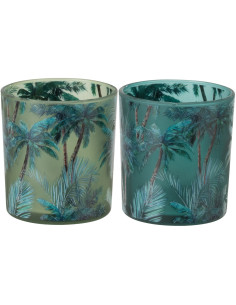 Lot de 2 Photophores style jungle Verre Vert Motif tropical Palmora 