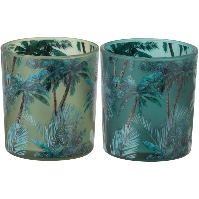 Lot de 2 Photophores style jungle Verre Vert Motif tropical Palmora 