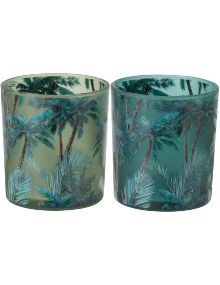 Lot de 2 Photophores style jungle Verre Vert Motif tropical Palmora 