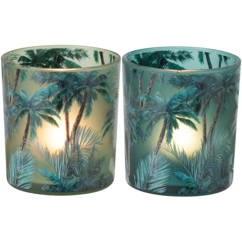 Lot de 2 Photophores style jungle Verre Vert Motif tropical Palmora 