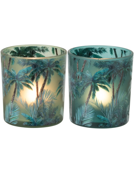 Lot de 2 Photophores style jungle Verre Vert Motif tropical Palmora 