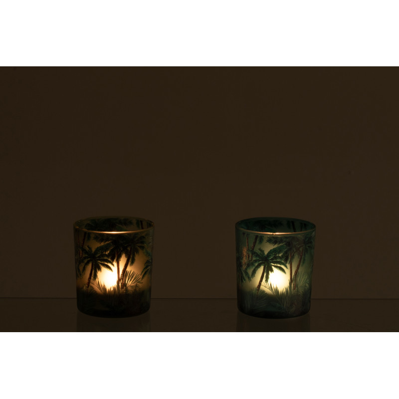 Lot de 2 Photophores style jungle Verre Vert Motif tropical Palmora 