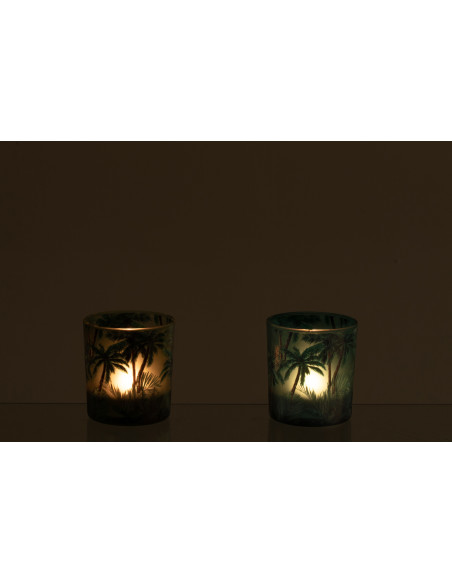 Lot de 2 Photophores style jungle Verre Vert Motif tropical Palmora 