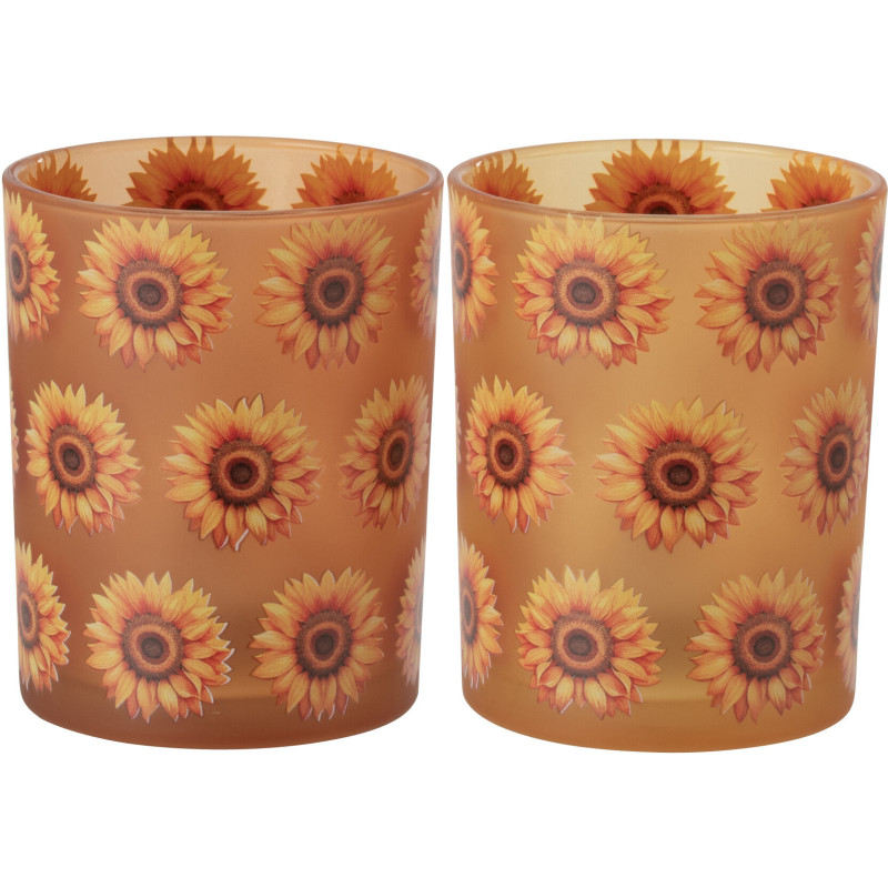 Lot de 2 Photophores style folk Verre Orange Motif tournesols Solaria 