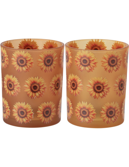 Lot de 2 Photophores style folk Verre Orange Motif tournesols Solaria 