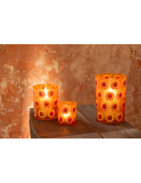 Lot de 2 Photophores style folk Verre Orange Motif tournesols Solaria 