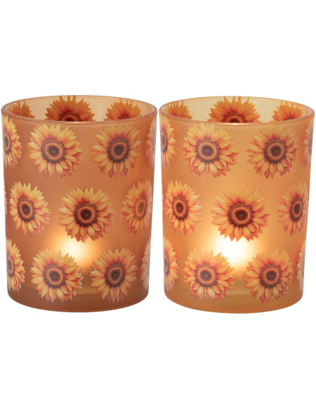 Lot de 2 Photophores style folk Verre Orange Motif tournesols Solaria 