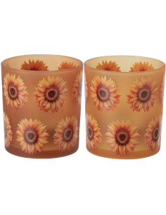 Lot de 2 Photophores style folk Verre Orange Motif tournesols Solaria 