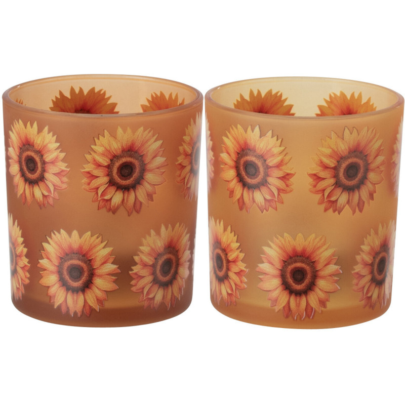 Lot de 2 Photophores style folk Verre Orange Motif tournesols Solaria 