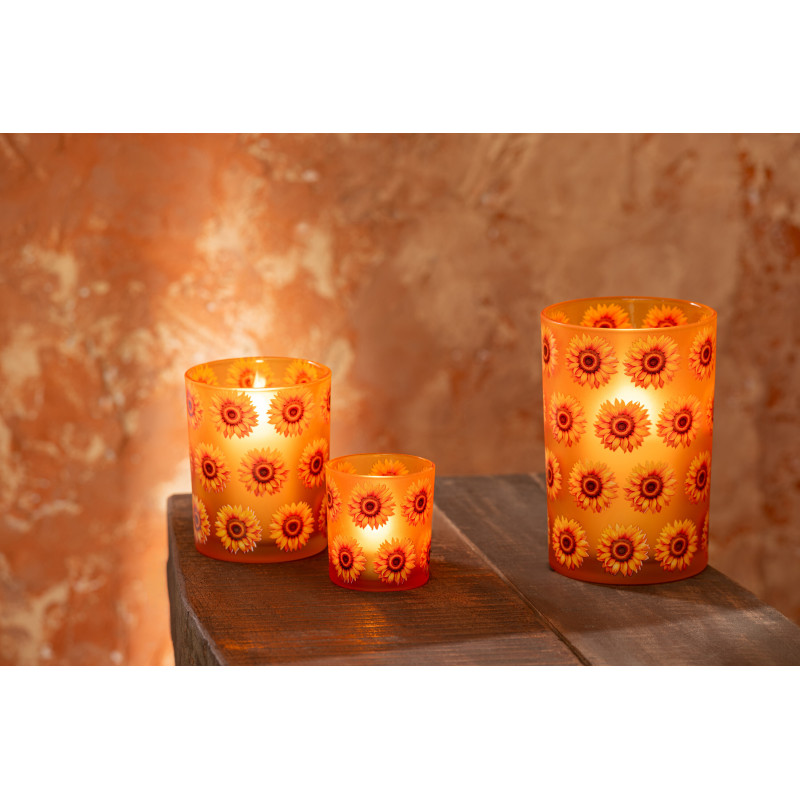 Lot de 2 Photophores style folk Verre Orange Motif tournesols Solaria 