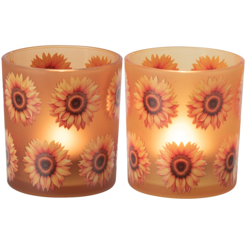 Lot de 2 Photophores style folk Verre Orange Motif tournesols Solaria 