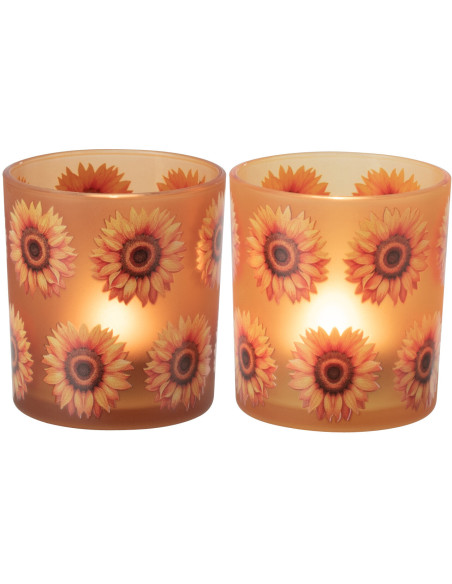 Lot de 2 Photophores style folk Verre Orange Motif tournesols Solaria 