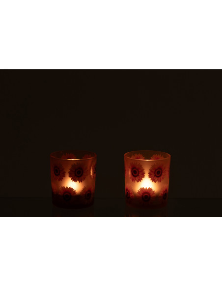 Lot de 2 Photophores style folk Verre Orange Motif tournesols Solaria 
