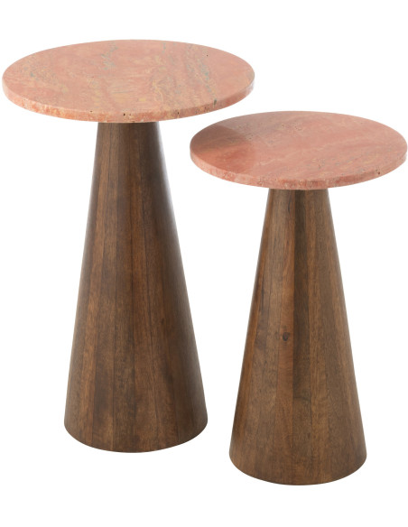 Lot de 2 Sellettes design chic Ronde Marbre Terracotta Bois de manguier Marron Monolya 