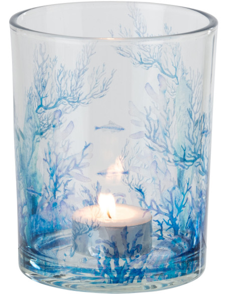Photophore bord de mer Verre Transparent Bleu Motif corail Coraly 
