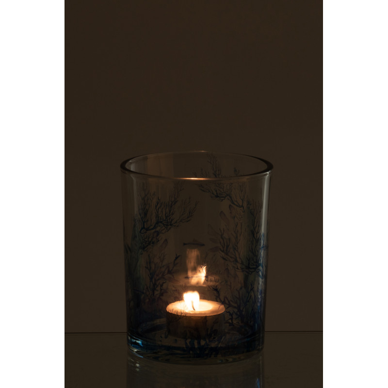 Photophore bord de mer Verre Transparent Bleu Motif corail Coraly 