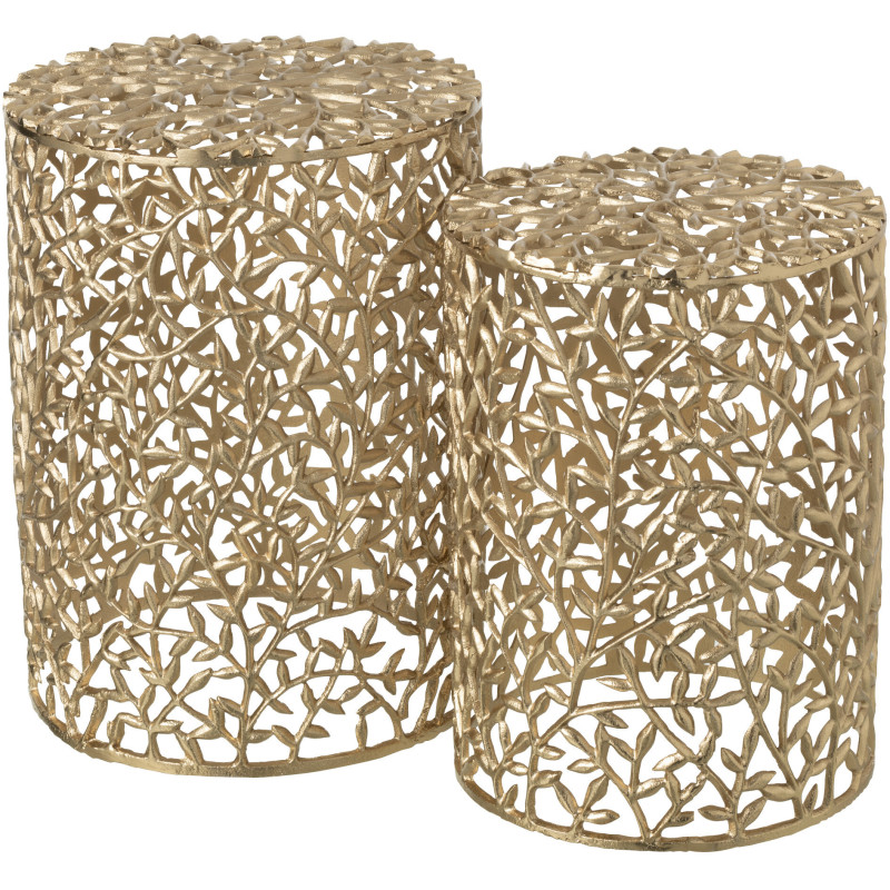 Lot de 2 Table d'appoint design chic Ronde Métal Doré Motif Feuilles Floréon 