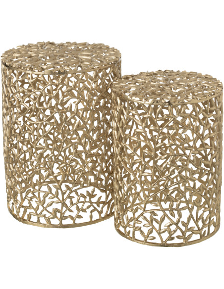 Lot de 2 Table d'appoint design chic Ronde Métal Doré Motif Feuilles Floréon 