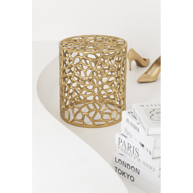 Lot de 2 Table d'appoint design chic Ronde Métal Doré Motif Feuilles Floréon 