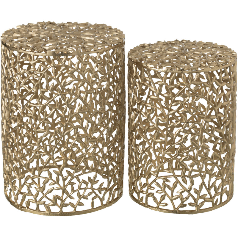 Lot de 2 Table d'appoint design chic Ronde Métal Doré Motif Feuilles Floréon 