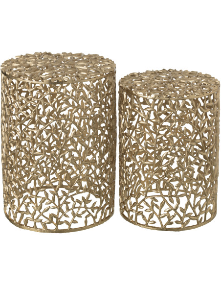 Lot de 2 Table d'appoint design chic Ronde Métal Doré Motif Feuilles Floréon 