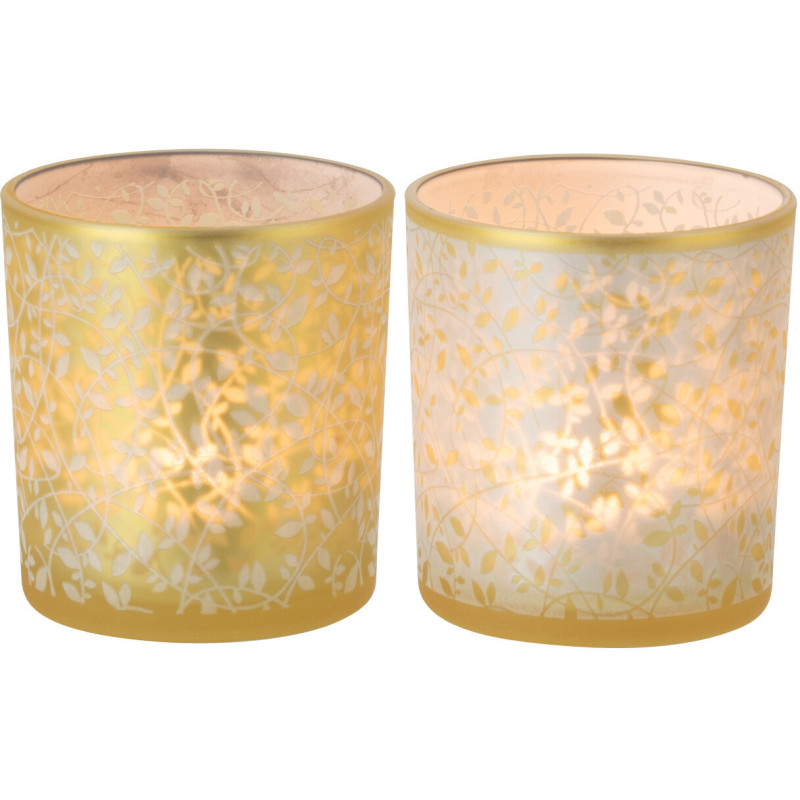 Lot de 2 Photophores style bohème Verre Blanc Ambré Motif feuilles Ambrélia 