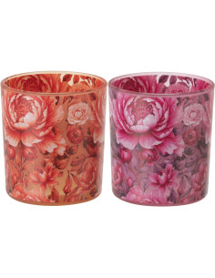 Lot de 2 Photophores shabby chic Verre Orange Rose Motif fleurs Rosaria 