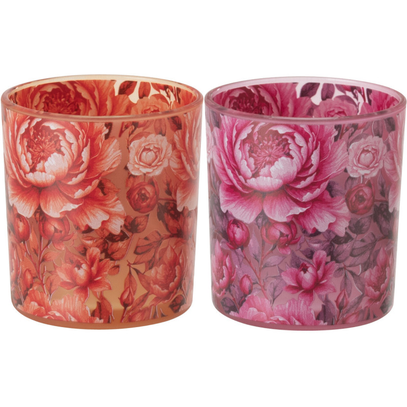 Lot de 2 Photophores shabby chic Verre Orange Rose Motif fleurs Rosaria 